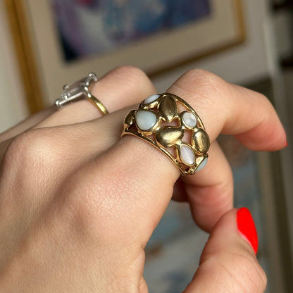 Estate 14KT Yellow Gold Opal + Moonstone Statement Cigar Band Ring Adjustable - LSJ