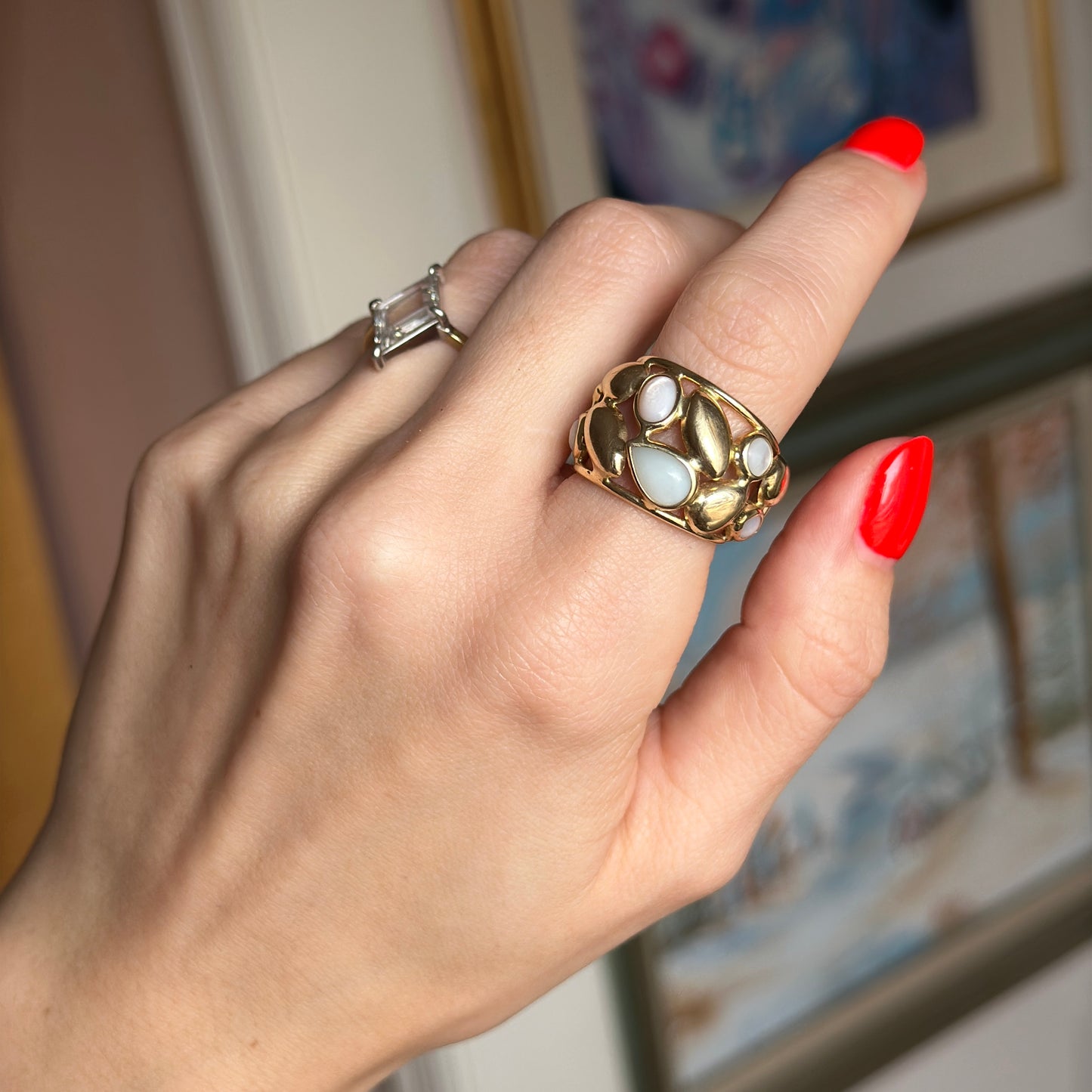 Estate 14KT Yellow Gold Opal + Moonstone Statement Cigar Band Ring Adjustable - LSJ