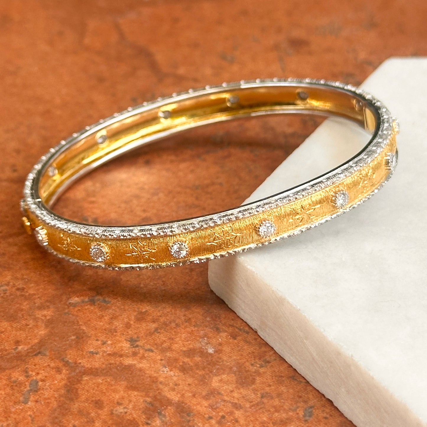 Estate 18KT Yellow Gold Etched Matte Diamond Bangle Bracelet