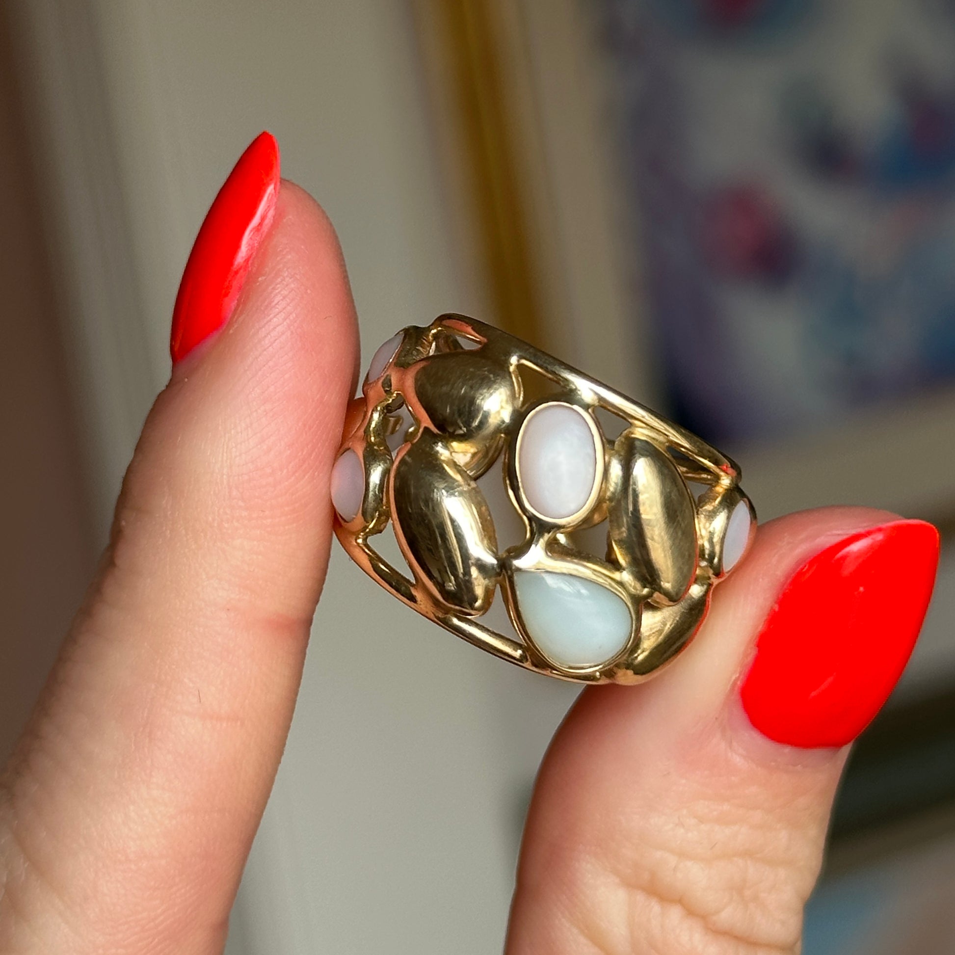 Estate 14KT Yellow Gold Opal + Moonstone Statement Cigar Band Ring Adjustable - LSJ