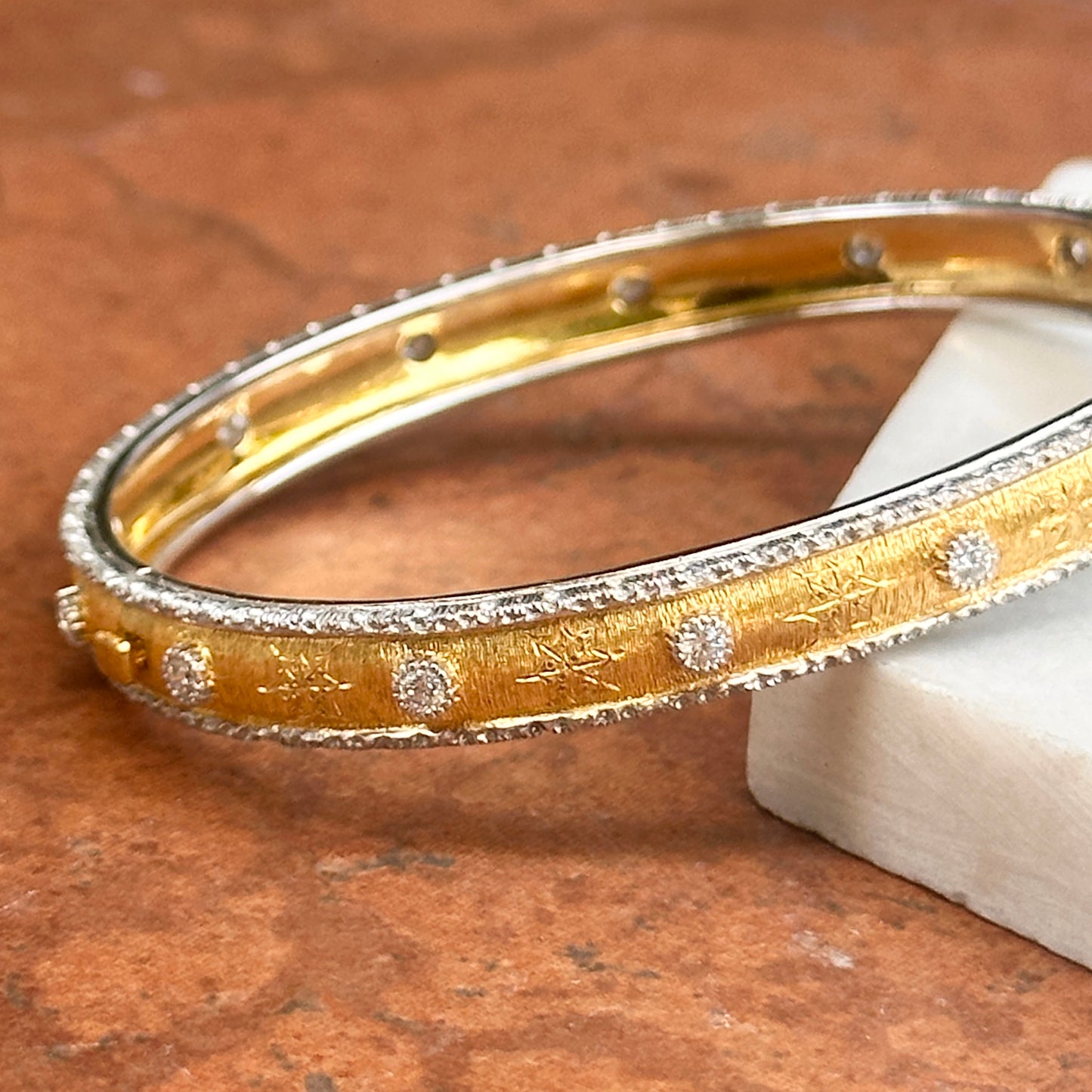 Estate 18KT Yellow Gold Etched Matte Diamond Bangle Bracelet
