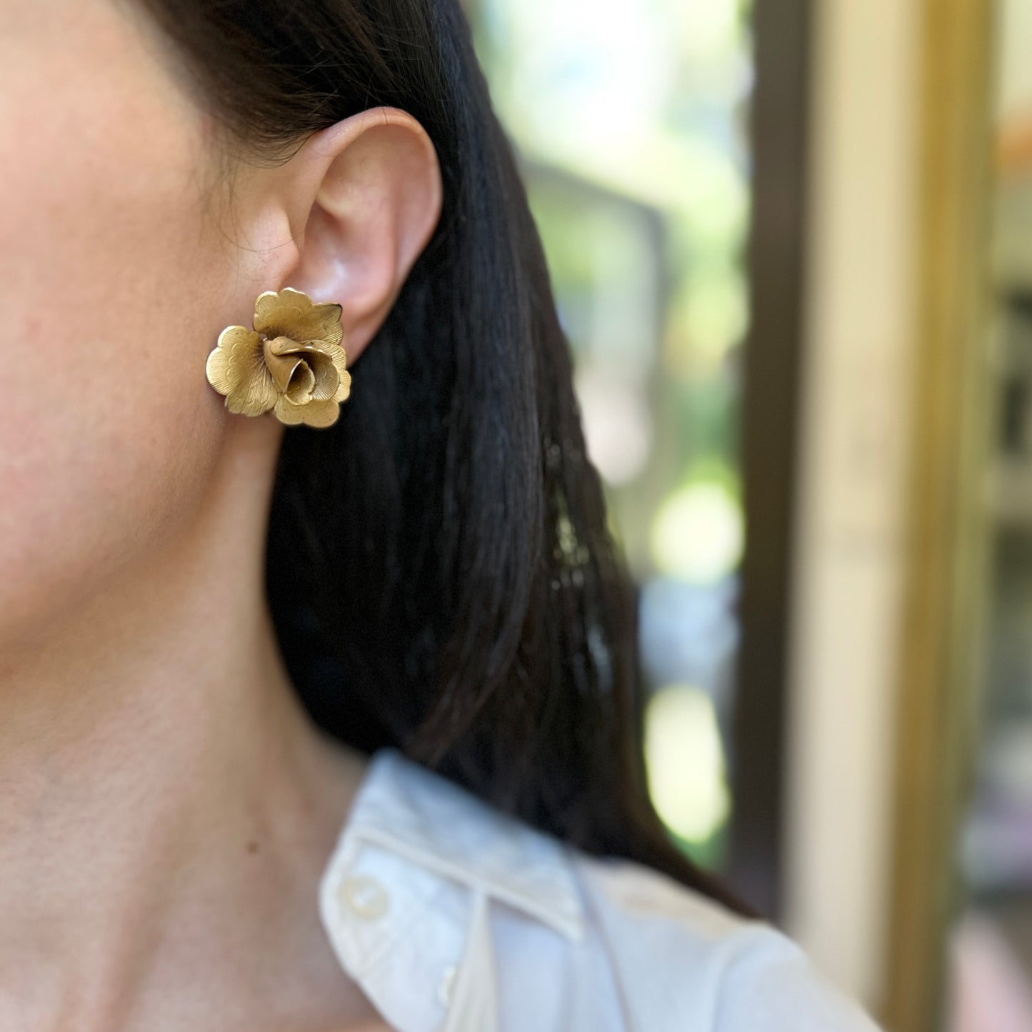 Estate Brass Large Rose Non-Pierced Clip-On Earrings