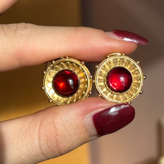 Estate 18KT Yellow Gold Byzantine Etruscan Cabochon Garnet Omega Back Earrings