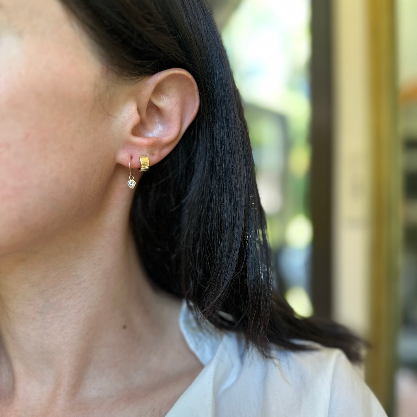 14KT Yellow Gold Small Hoop Earrings + Cubic Zirconia Heart Dangles