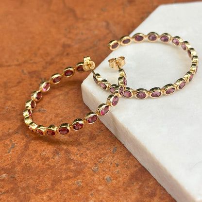 Estate 18KT Yellow Gold Bezel Pink Tourmaline Hoop Earrings