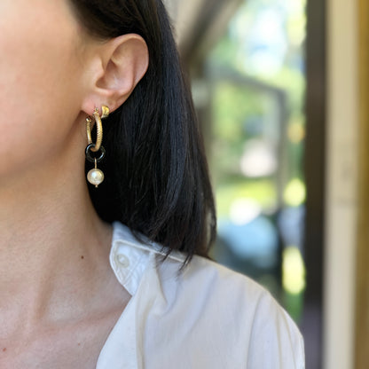 Estate Yellow Gold-Filled Circle Black Onyx + White Bead Earring Charms