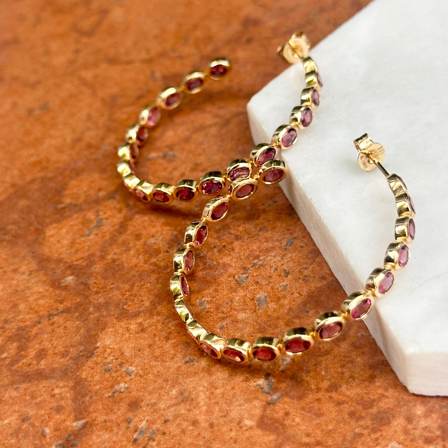 Estate 18KT Yellow Gold Bezel Pink Tourmaline Hoop Earrings