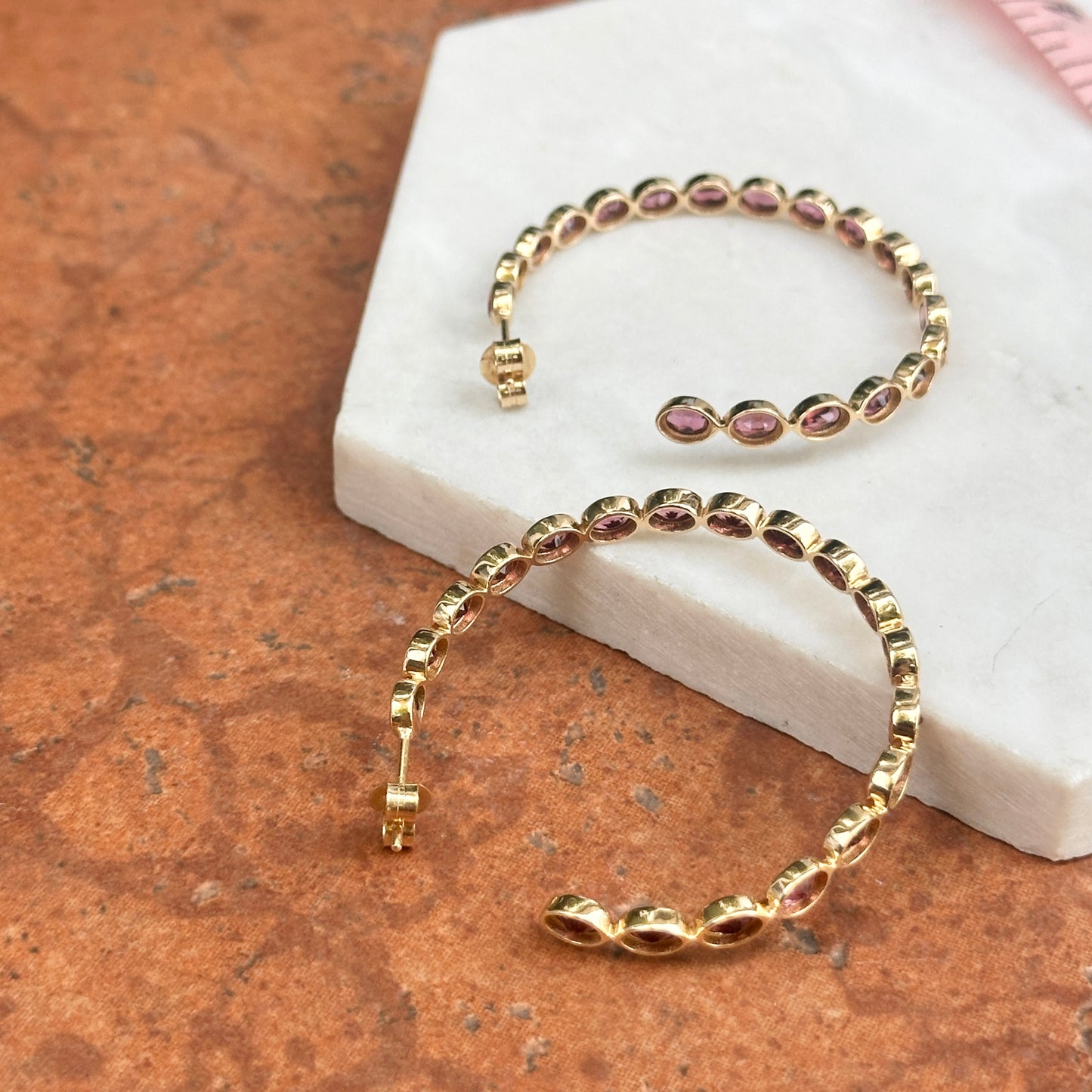 Estate 18KT Yellow Gold Bezel Pink Tourmaline Hoop Earrings