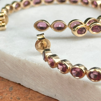 Estate 18KT Yellow Gold Bezel Pink Tourmaline Hoop Earrings
