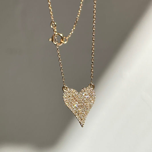 Estate 14KT Yellow Gold Pave Diamond Heart Pendant Necklace