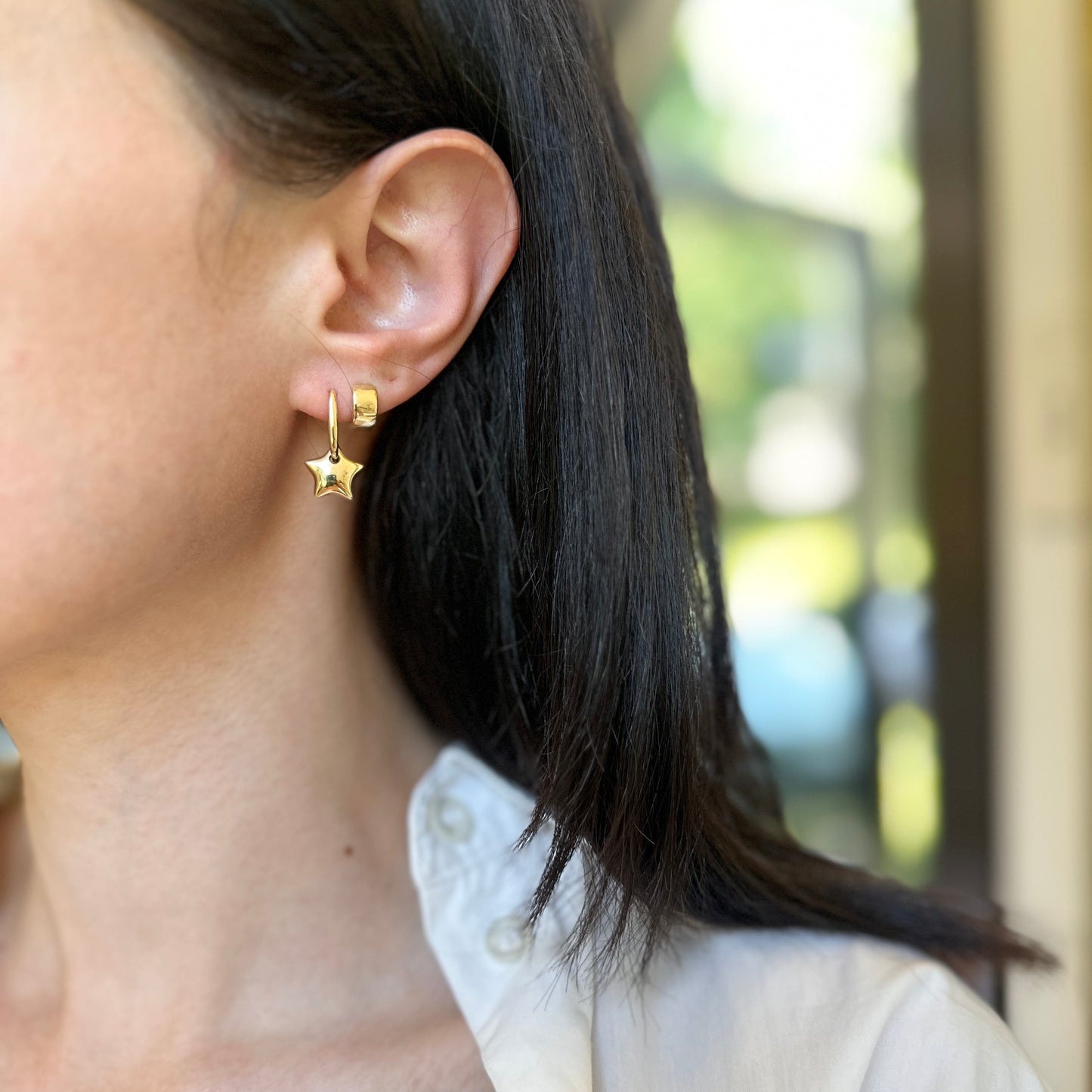 14KT Yellow Gold Shiny Small Hoop + Puffed Star Charms Earrings