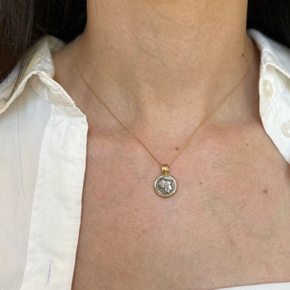 Estate 14K Yellow Gold & Silver Athena/King Pyrrhus Replica Coin Pendant