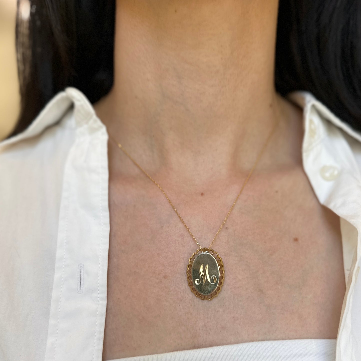 Estate Yellow Gold-Plated Silver Oval Fluted "M" Brooch Pendant