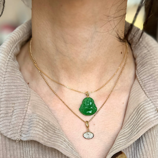 Estate 14KT Yellow Gold Carved Genuine Dark Jade Chinese Buddha Pendant - LSJ