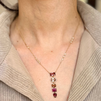 Estate 14KT Yellow Gold Multi Colored Pink Tourmaline + Diamond Y Pendant Necklace - LSJ