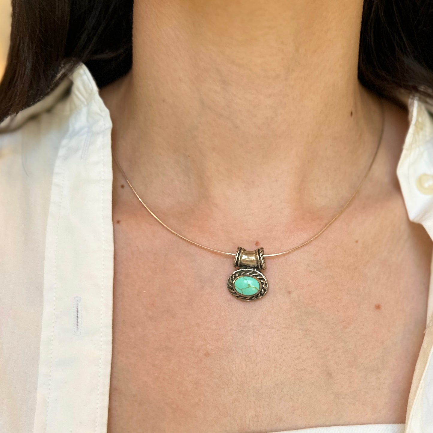 Estate Sterling Silver Oval Cabochon Genuine Turquoise Slide Pendant