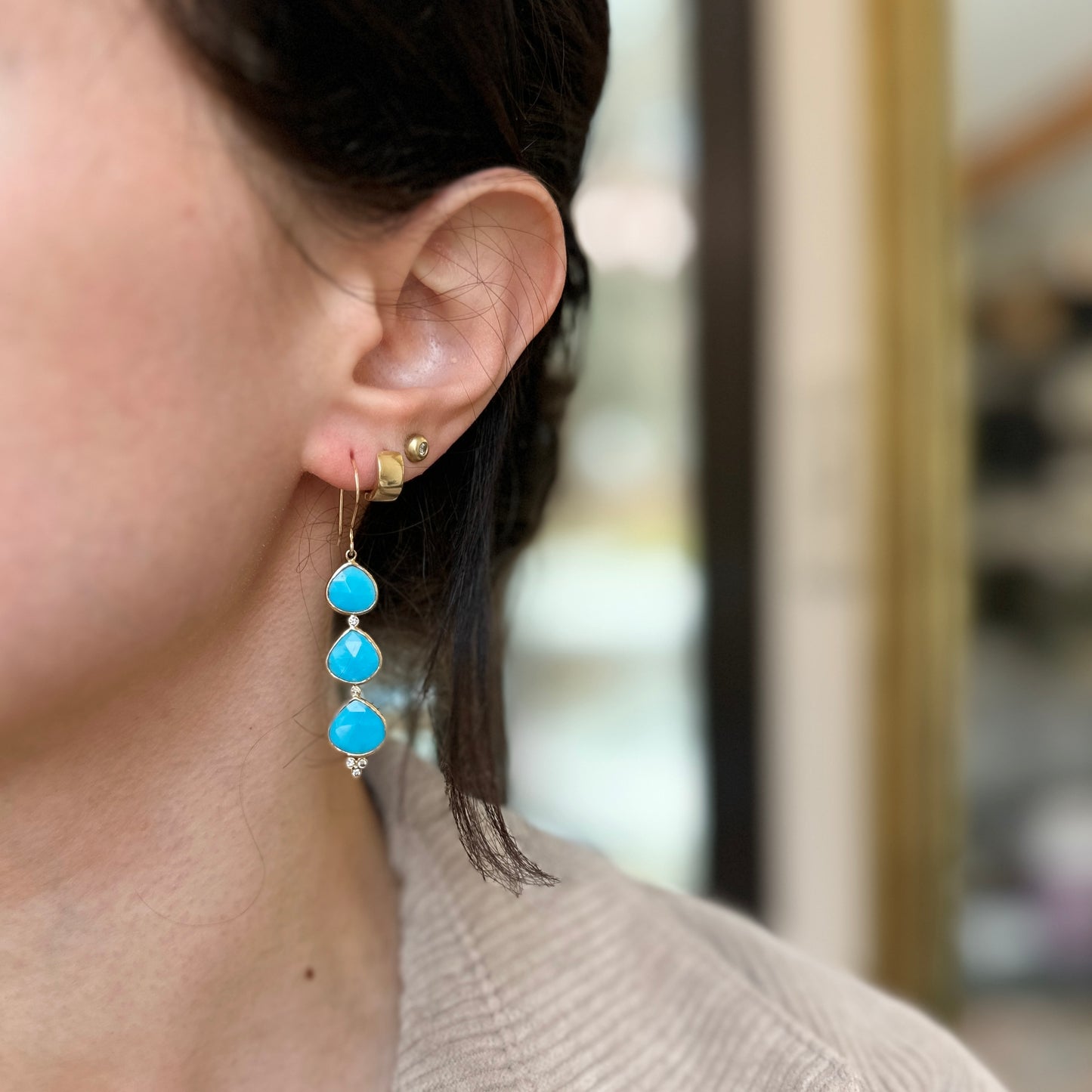 14KT Yellow Gold Sleeping Beauty Turquoise + Diamond Earrings