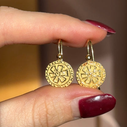 Estate 18KT Yellow Gold Byzantine Etruscan Disc Earrings