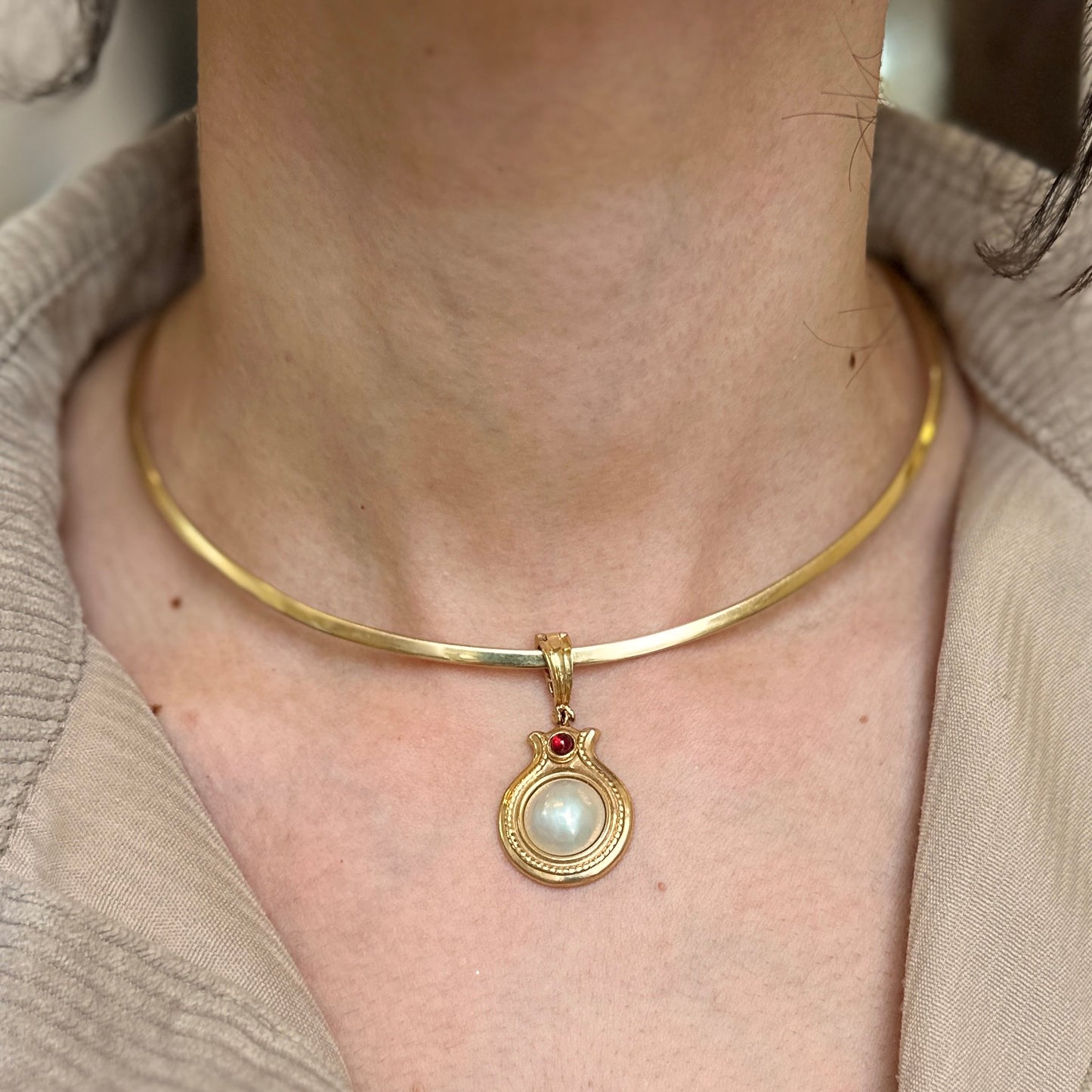 Estate 14KT Yellow Gold Mabe Pearl + Cabochon Pink Tourmaline Enhancer Pendant - LSJ