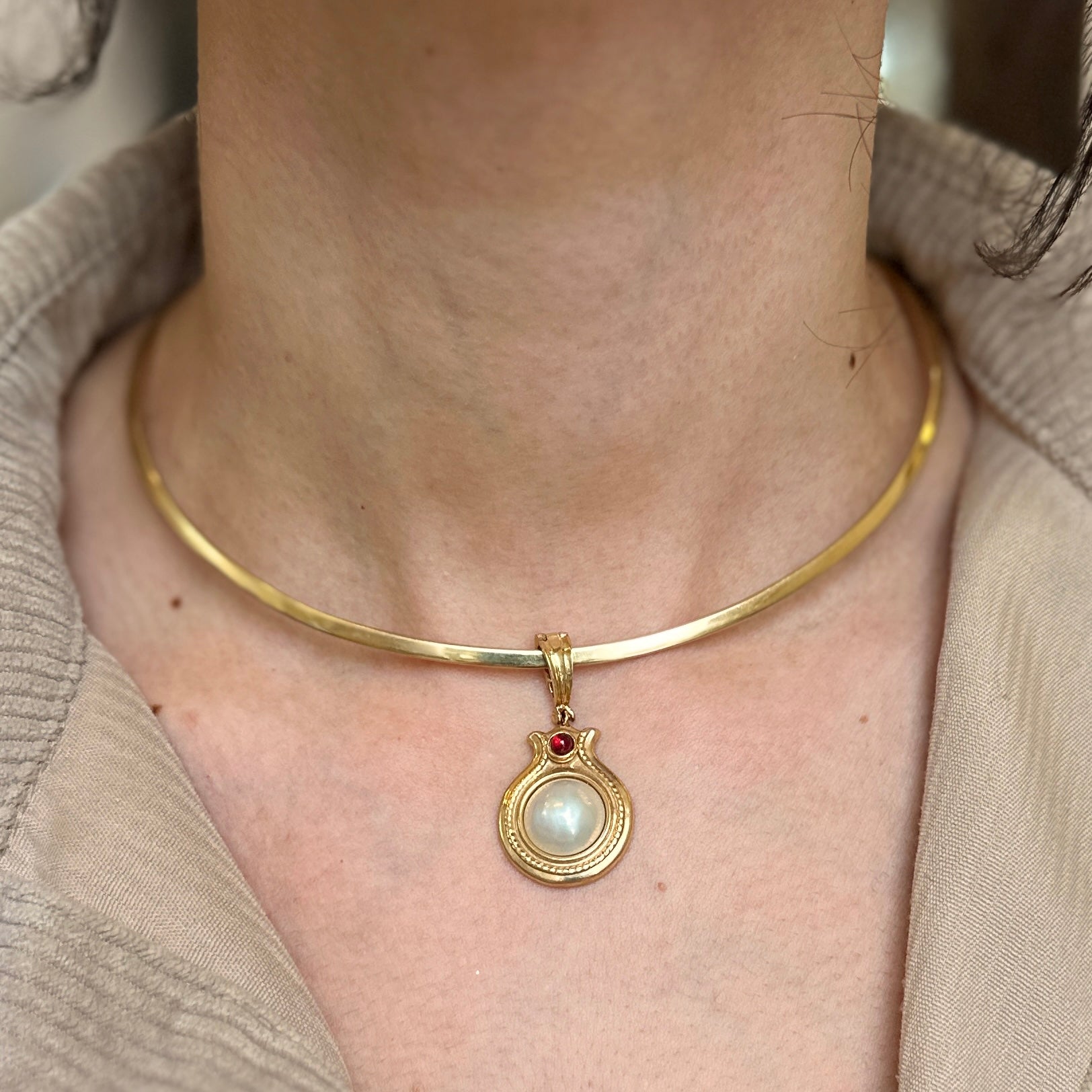 Estate 14KT Yellow Gold Mabe Pearl + Cabochon Pink Tourmaline Enhancer Pendant - LSJ