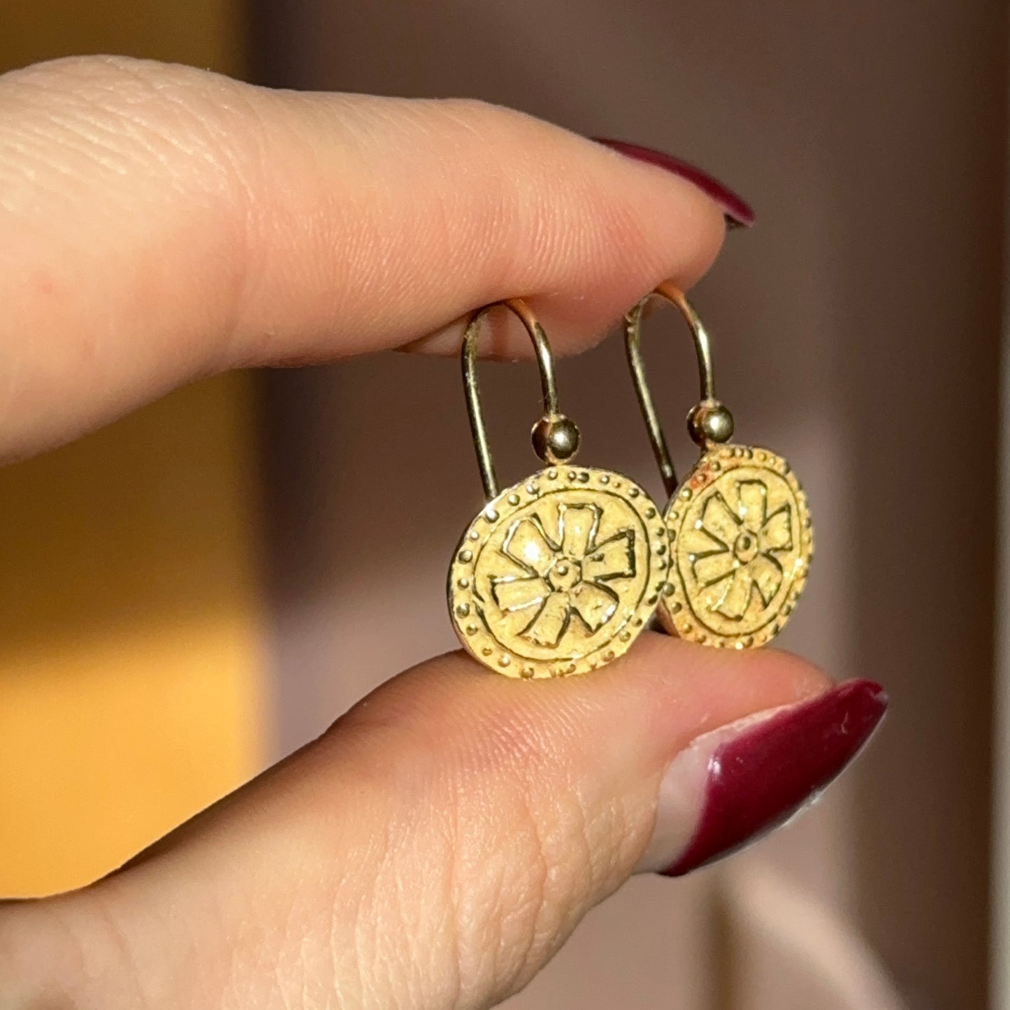 Estate 18KT Yellow Gold Byzantine Etruscan Disc Earrings