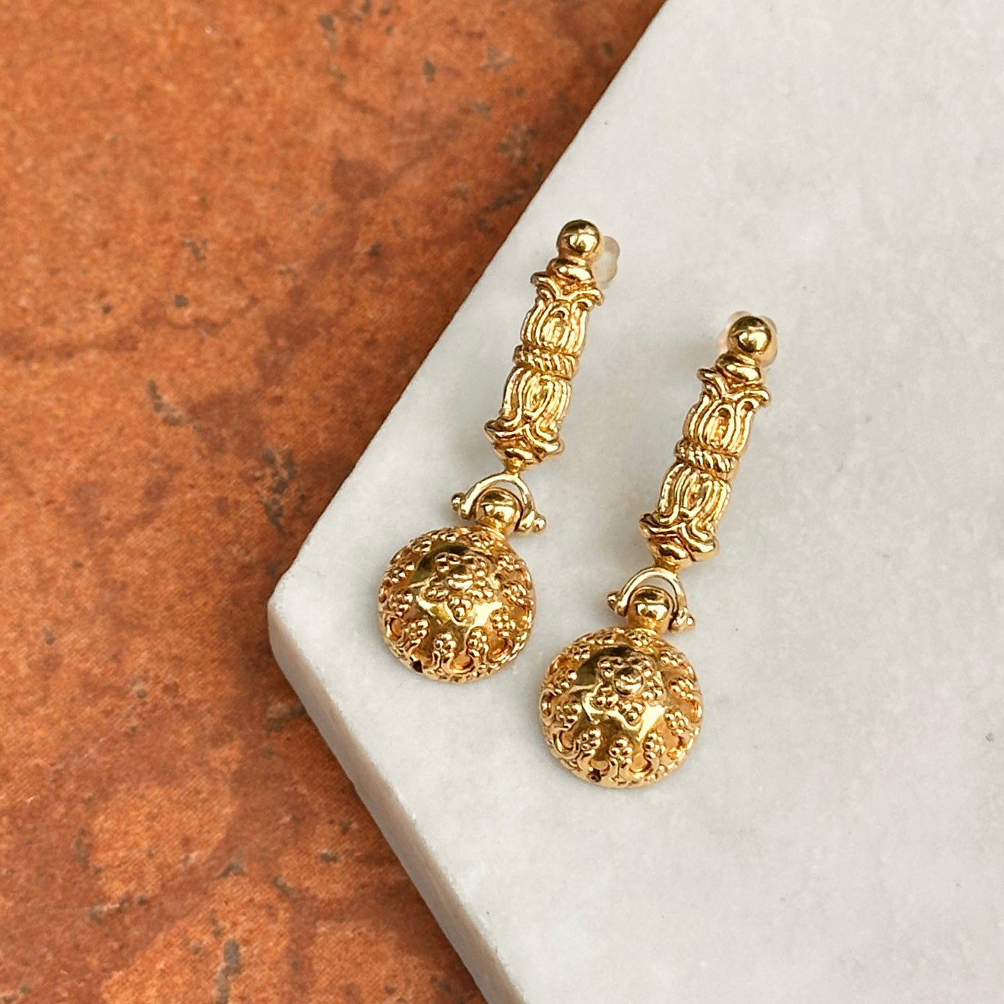 Estate 18KT Yellow Gold Filigree Ornate Dangle Earrings