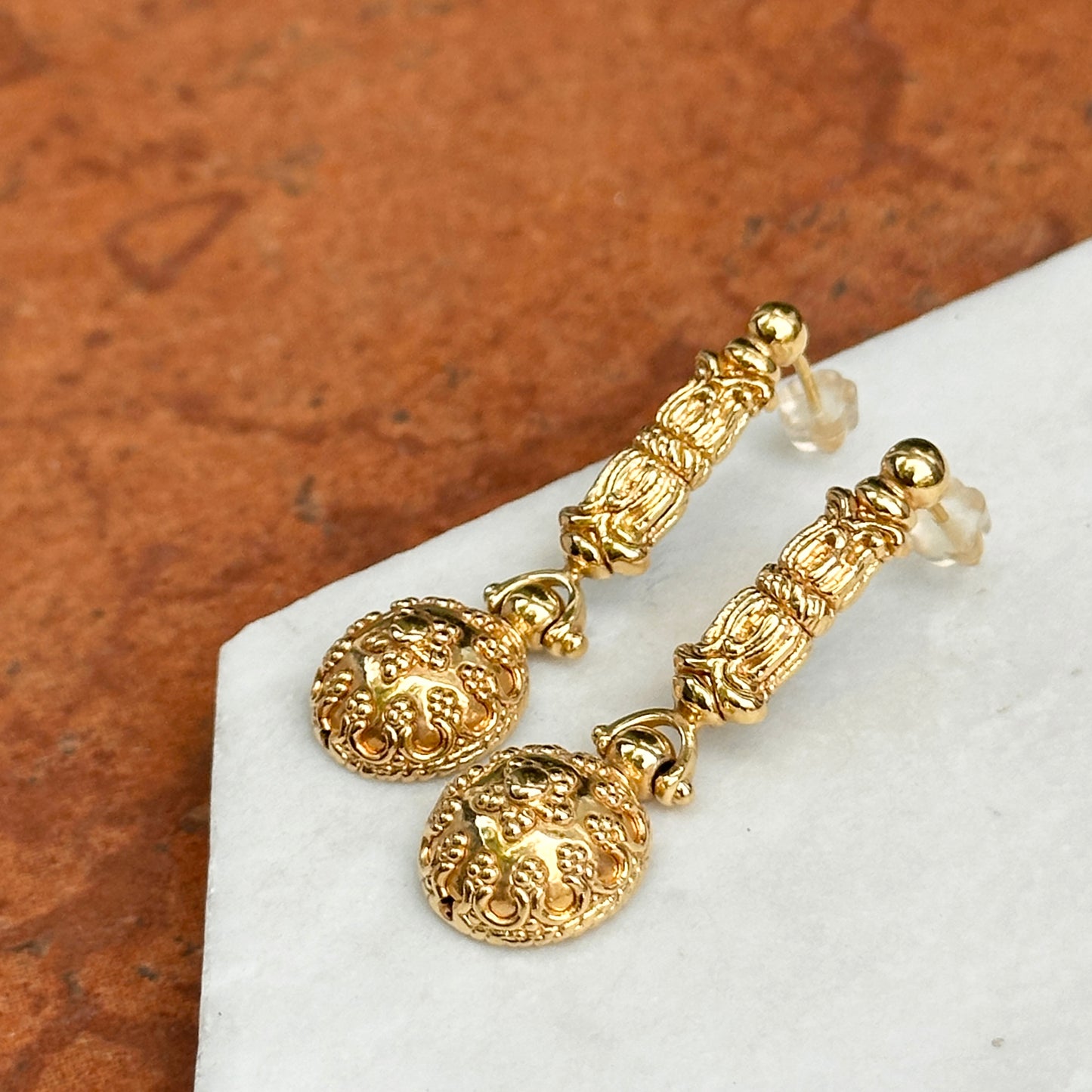 Estate 18KT Yellow Gold Filigree Ornate Dangle Earrings