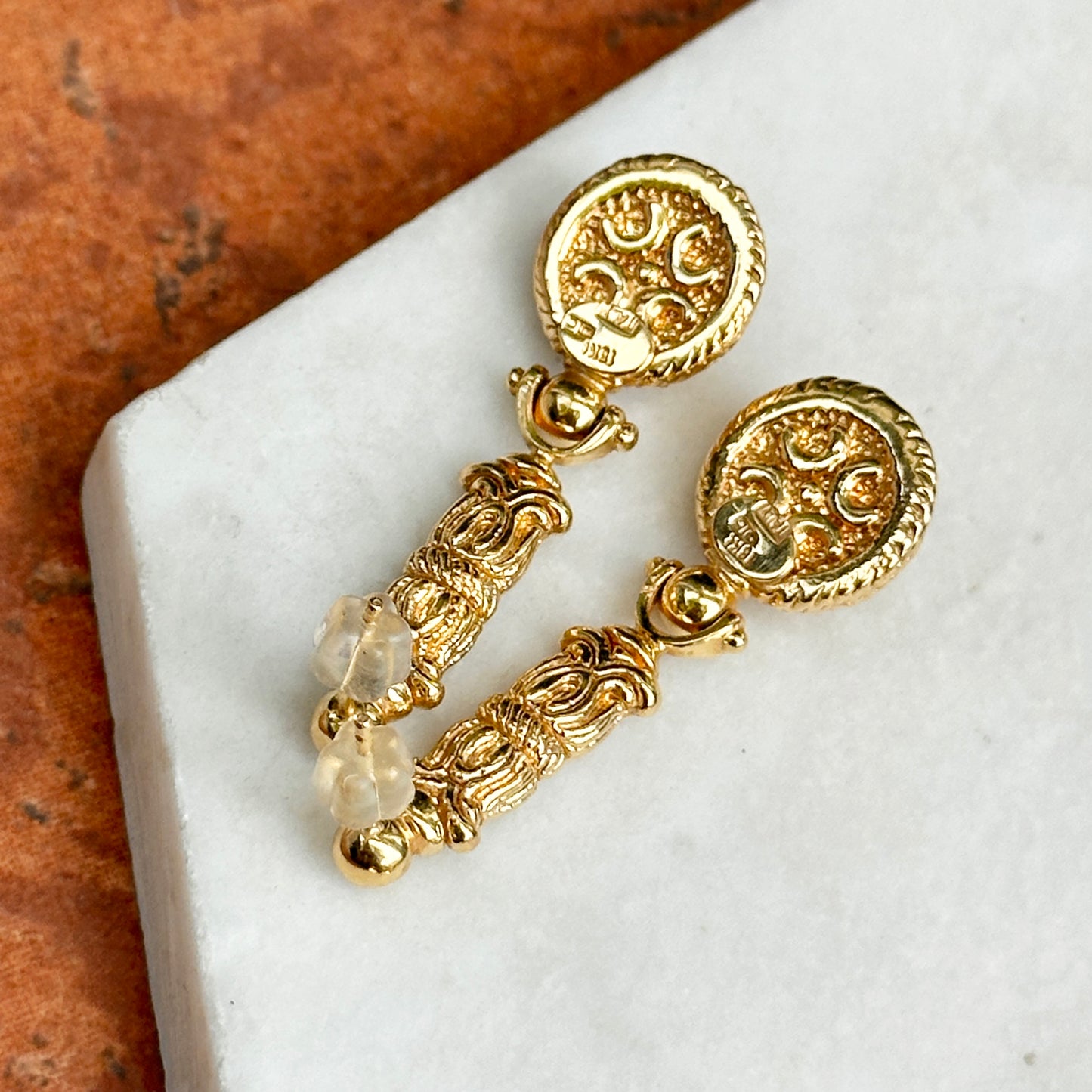 Estate 18KT Yellow Gold Filigree Ornate Dangle Earrings