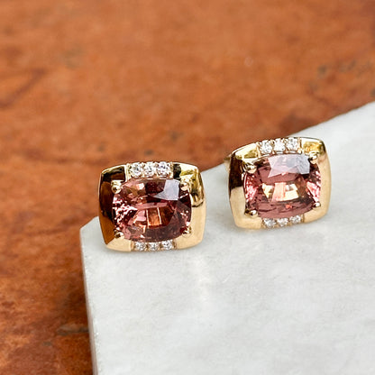 Estate 14KT Yellow Gold Cushion Malaya Garnet + Diamond Stud Earrings