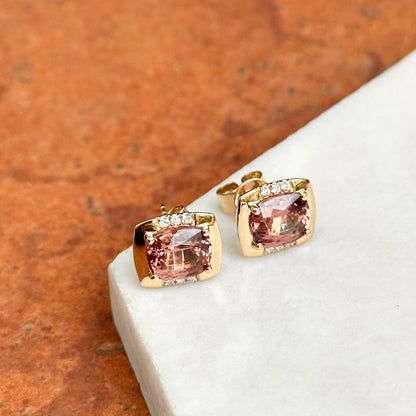 Estate 14KT Yellow Gold Cushion Malaya Garnet + Diamond Stud Earrings