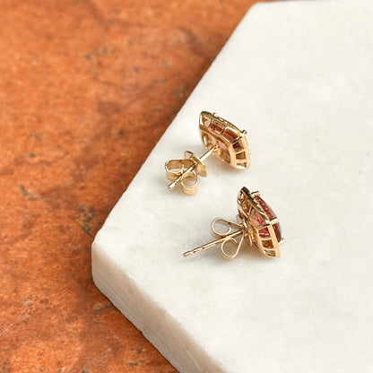 Estate 14KT Yellow Gold Cushion Malaya Garnet + Diamond Stud Earrings