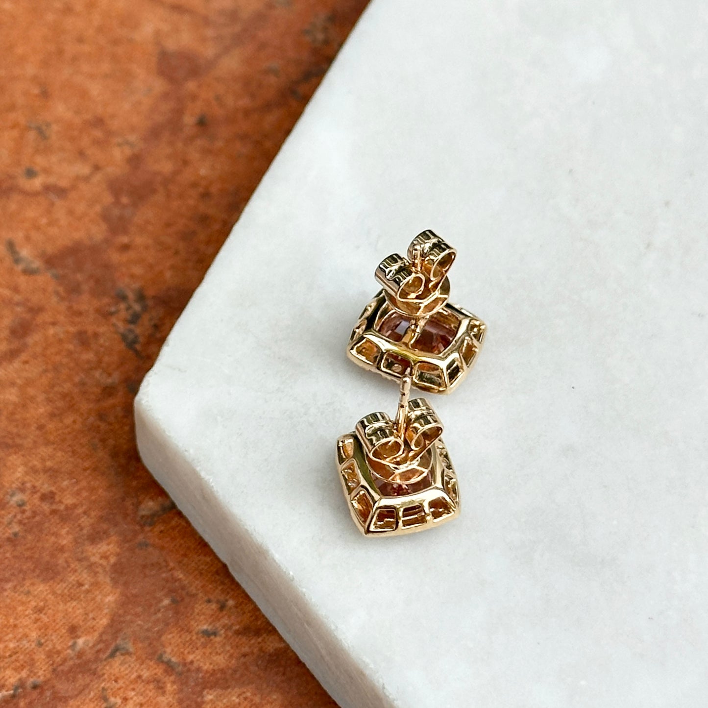 Estate 14KT Yellow Gold Cushion Malaya Garnet + Diamond Stud Earrings
