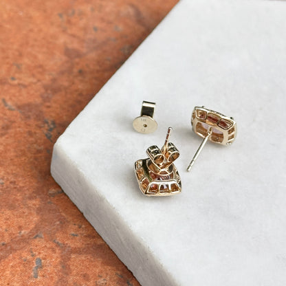 Estate 14KT Yellow Gold Cushion Malaya Garnet + Diamond Stud Earrings