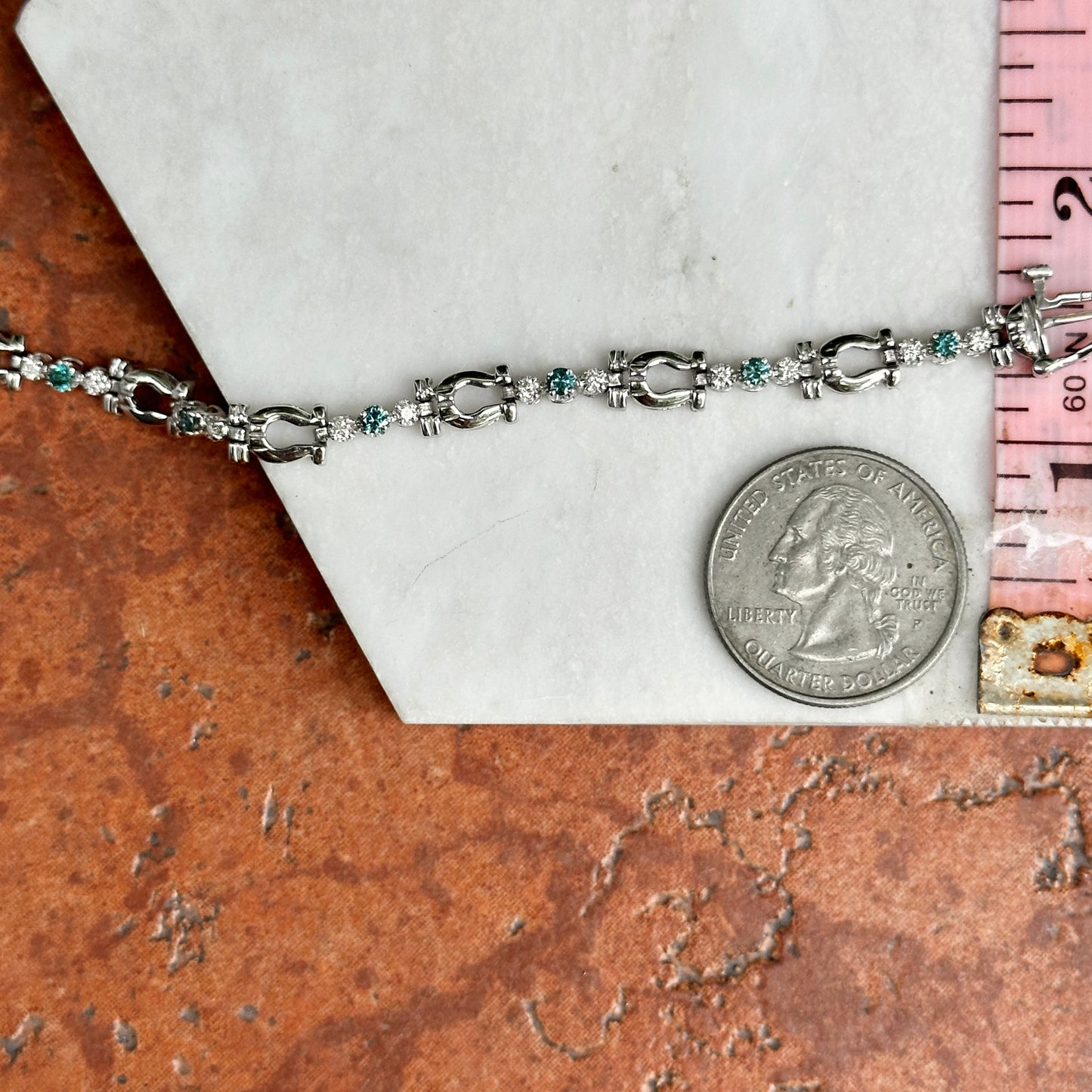 Estate 14KT White Gold Blue + White Diamond Horse Bit Link Bracelet