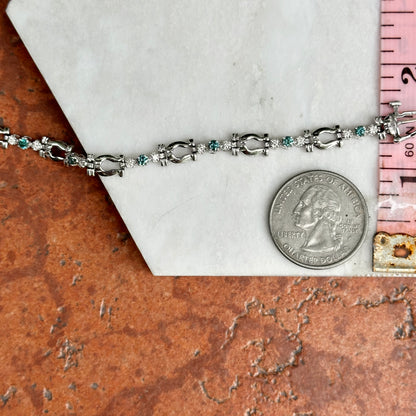 Estate 14KT White Gold Blue + White Diamond Horse Bit Link Bracelet