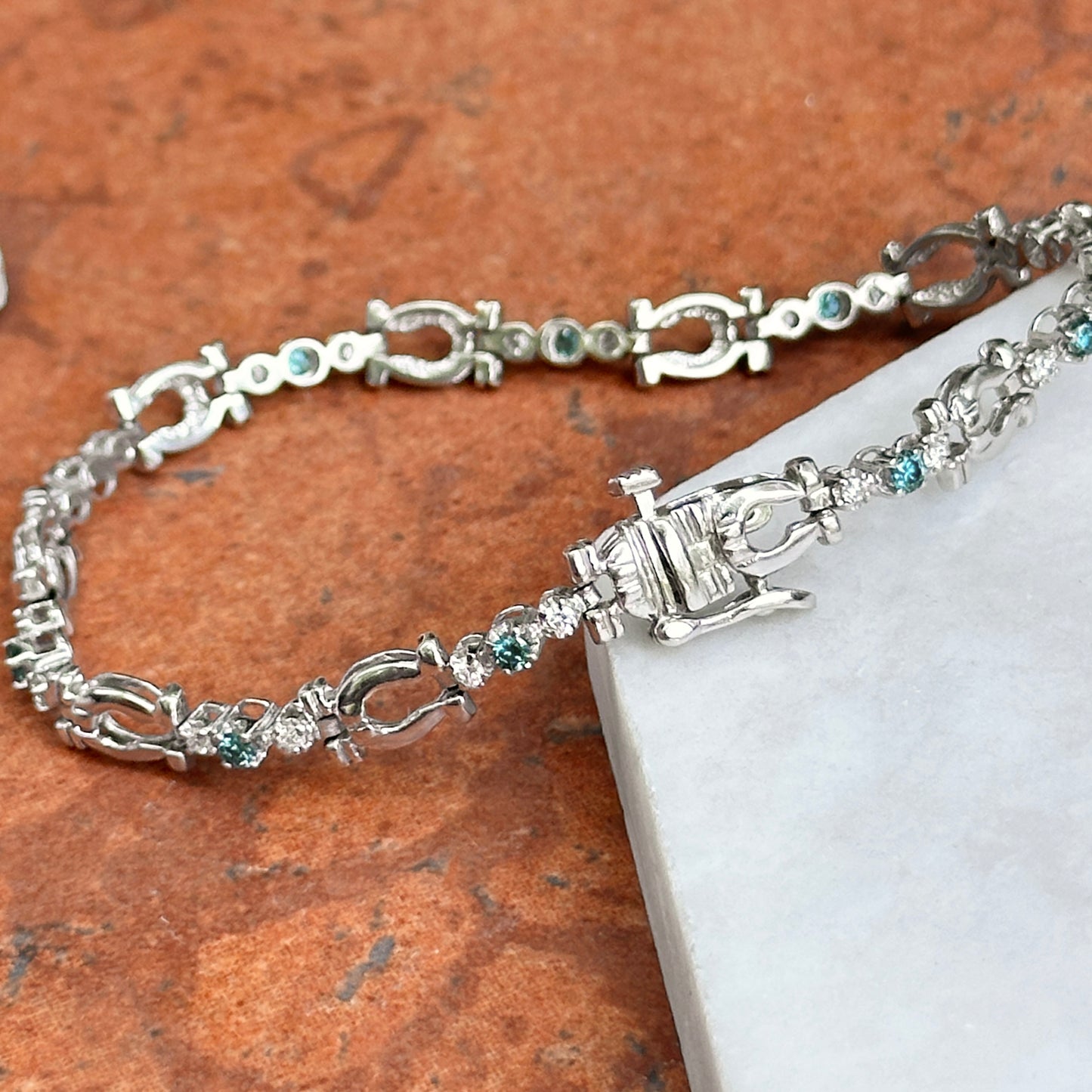 Estate 14KT White Gold Blue + White Diamond Horse Bit Link Bracelet