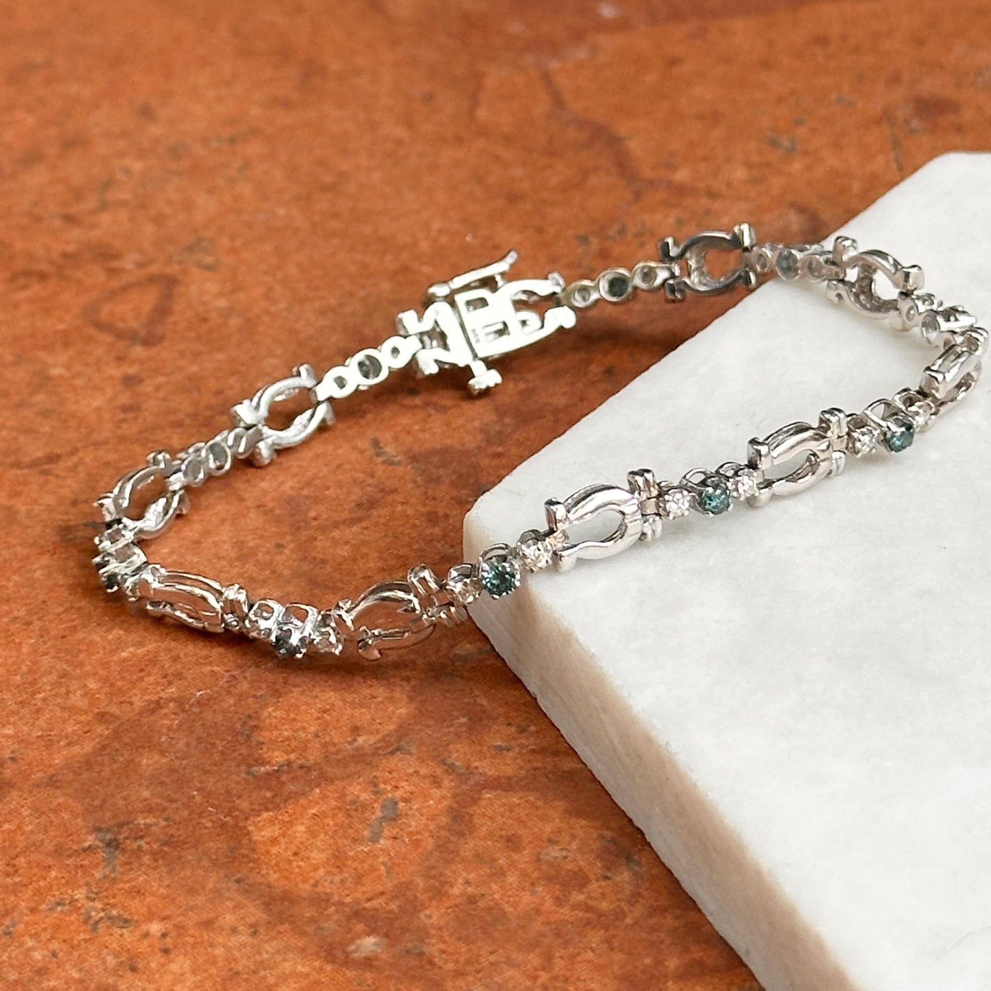 Estate 14KT White Gold Blue + White Diamond Horse Bit Link Bracelet