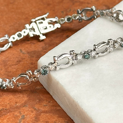 Estate 14KT White Gold Blue + White Diamond Horse Bit Link Bracelet