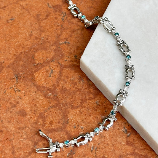 Estate 14KT White Gold Blue + White Diamond Horse Bit Link Bracelet