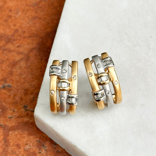 Estate 18KT Yellow and White Gold Scatted Diamond Omega Back Earrings