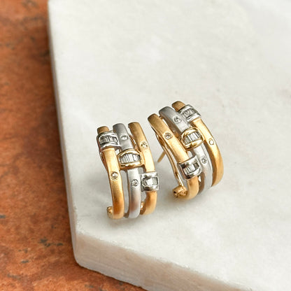 Estate 18KT Yellow and White Gold Scatted Diamond Omega Back Earrings