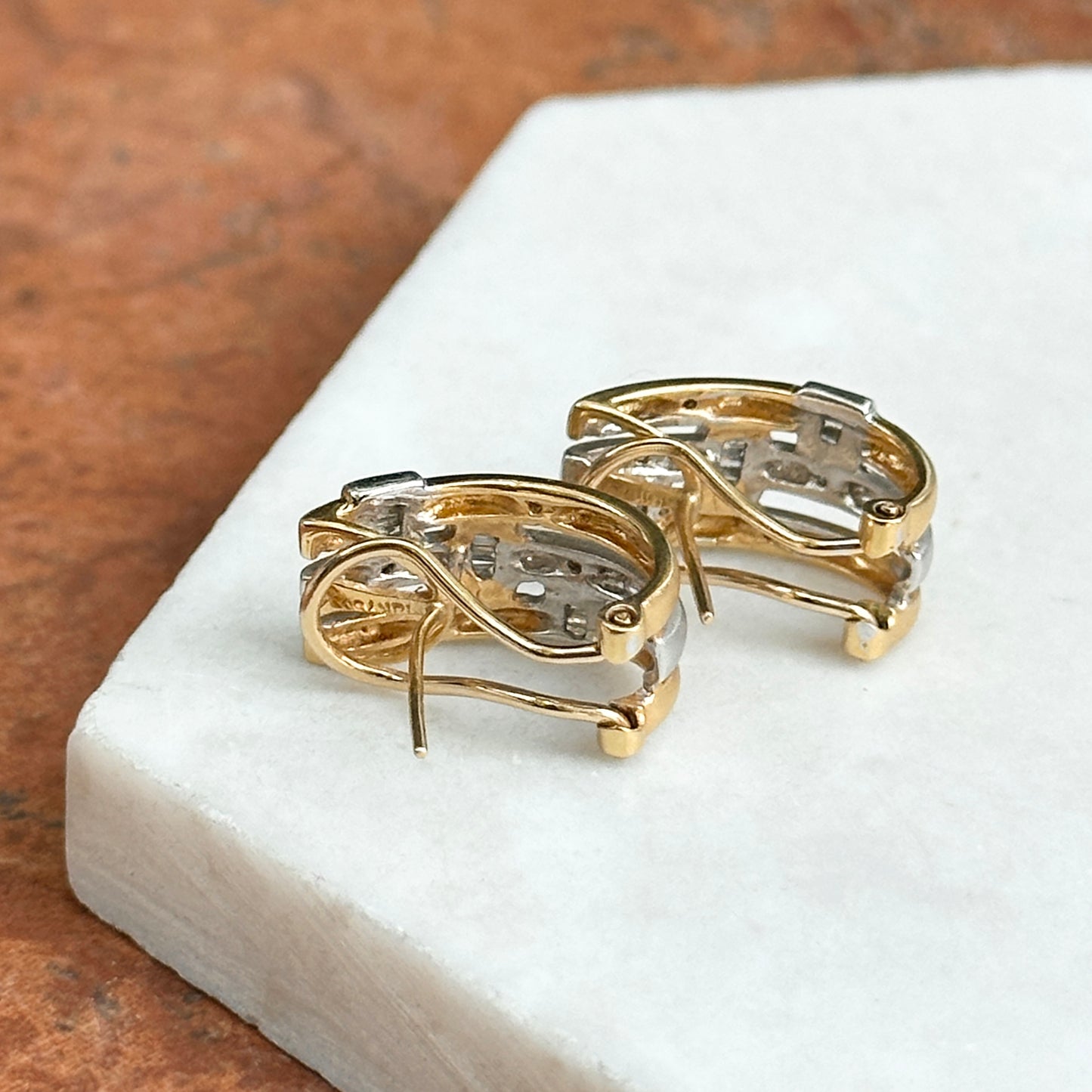 Estate 18KT Yellow and White Gold Scatted Diamond Omega Back Earrings