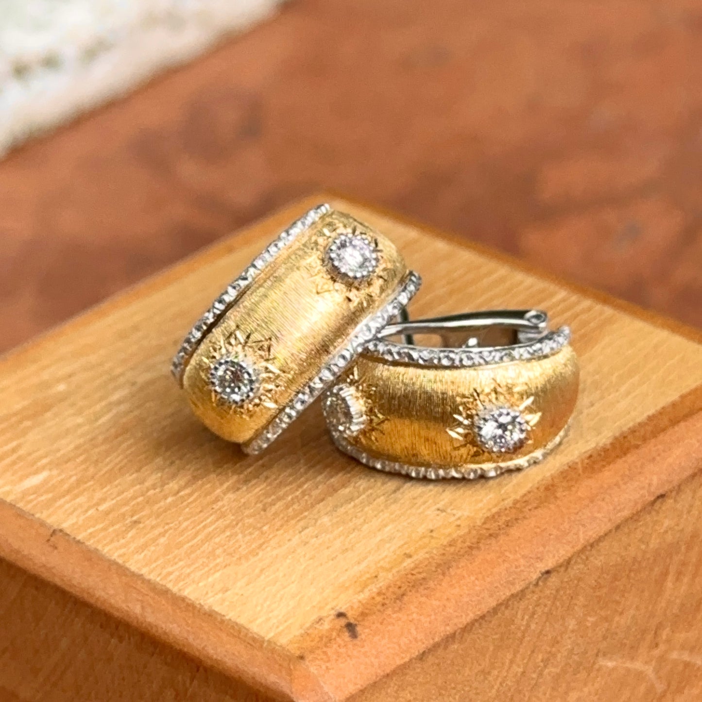 Estate 18KT Yellow Gold Florentine Finish Diamond Omega Back Earrings