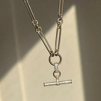 14KT Yellow Gold Pave Diamond Toggle Bar Chain Necklace