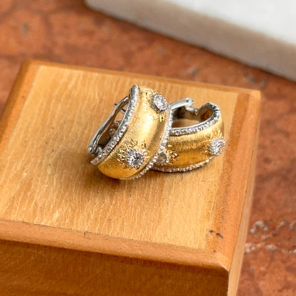 Estate 18KT Yellow Gold Florentine Finish Diamond Omega Back Earrings