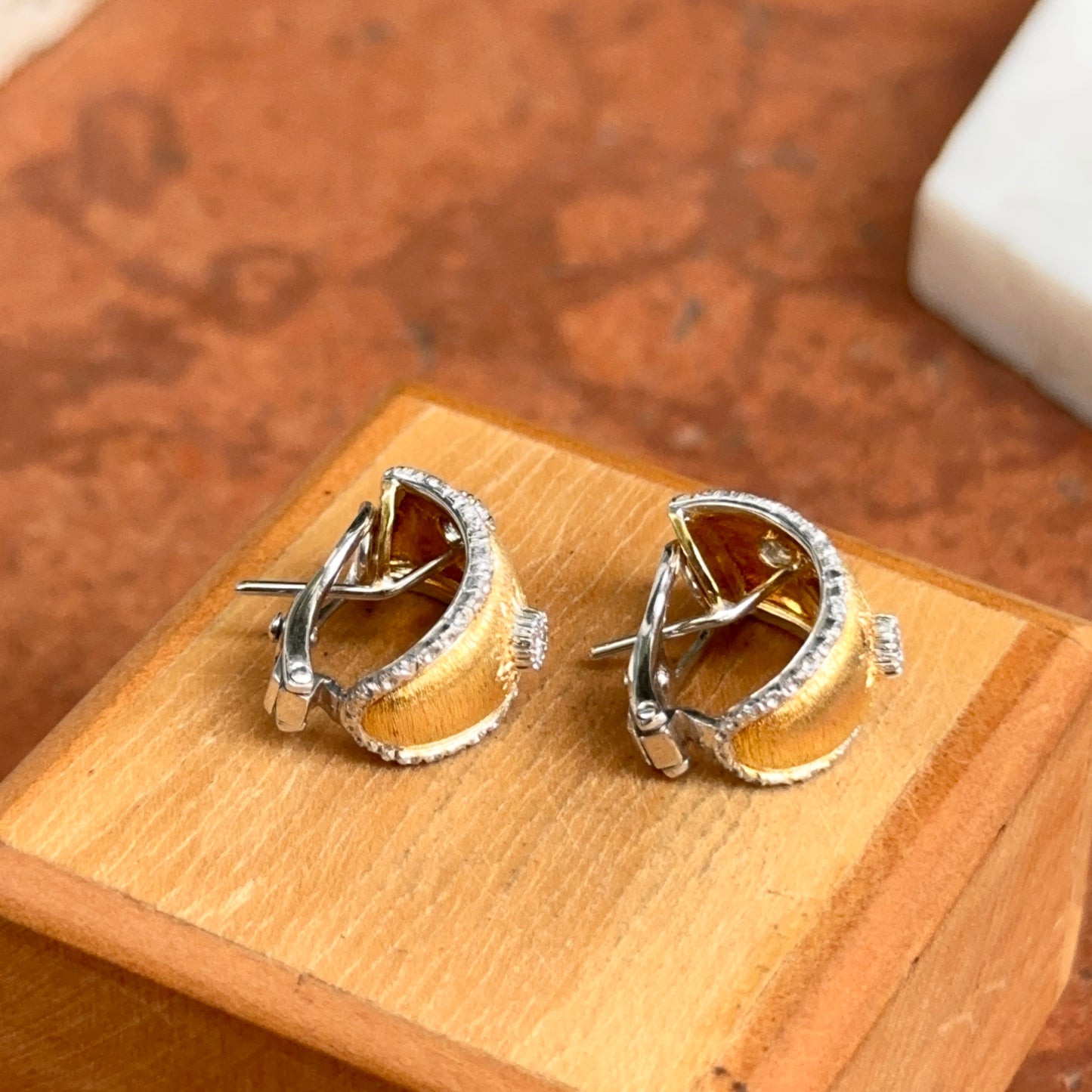 Estate 18KT Yellow Gold Florentine Finish Diamond Omega Back Earrings
