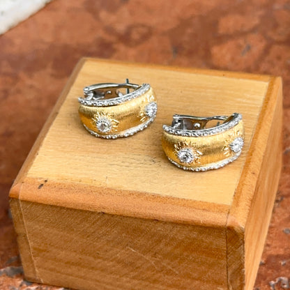 Estate 18KT Yellow Gold Florentine Finish Diamond Omega Back Earrings