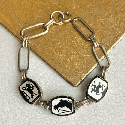 Estate Antique Silver Tone Painted Horse Enamel Black + White Bracelet 7” - LSJ