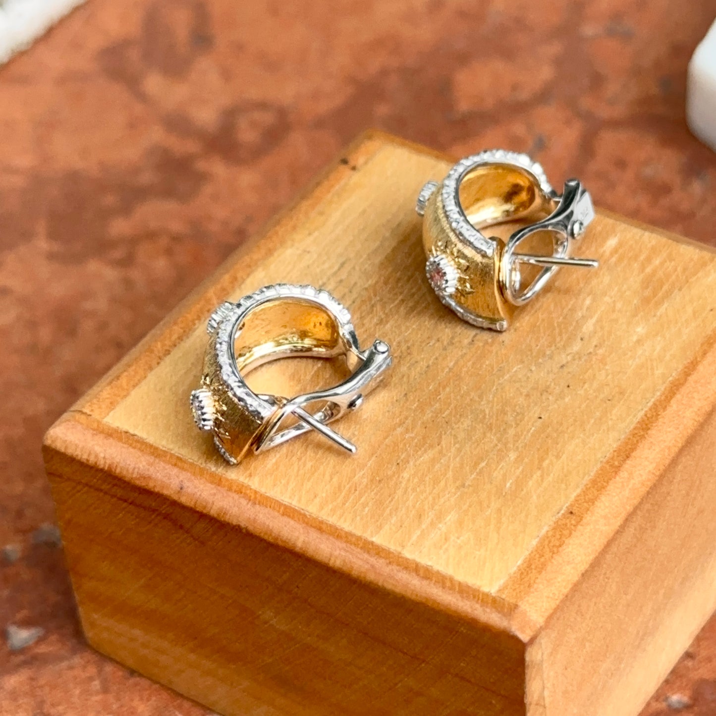 Estate 18KT Yellow Gold Florentine Finish Diamond Omega Back Earrings