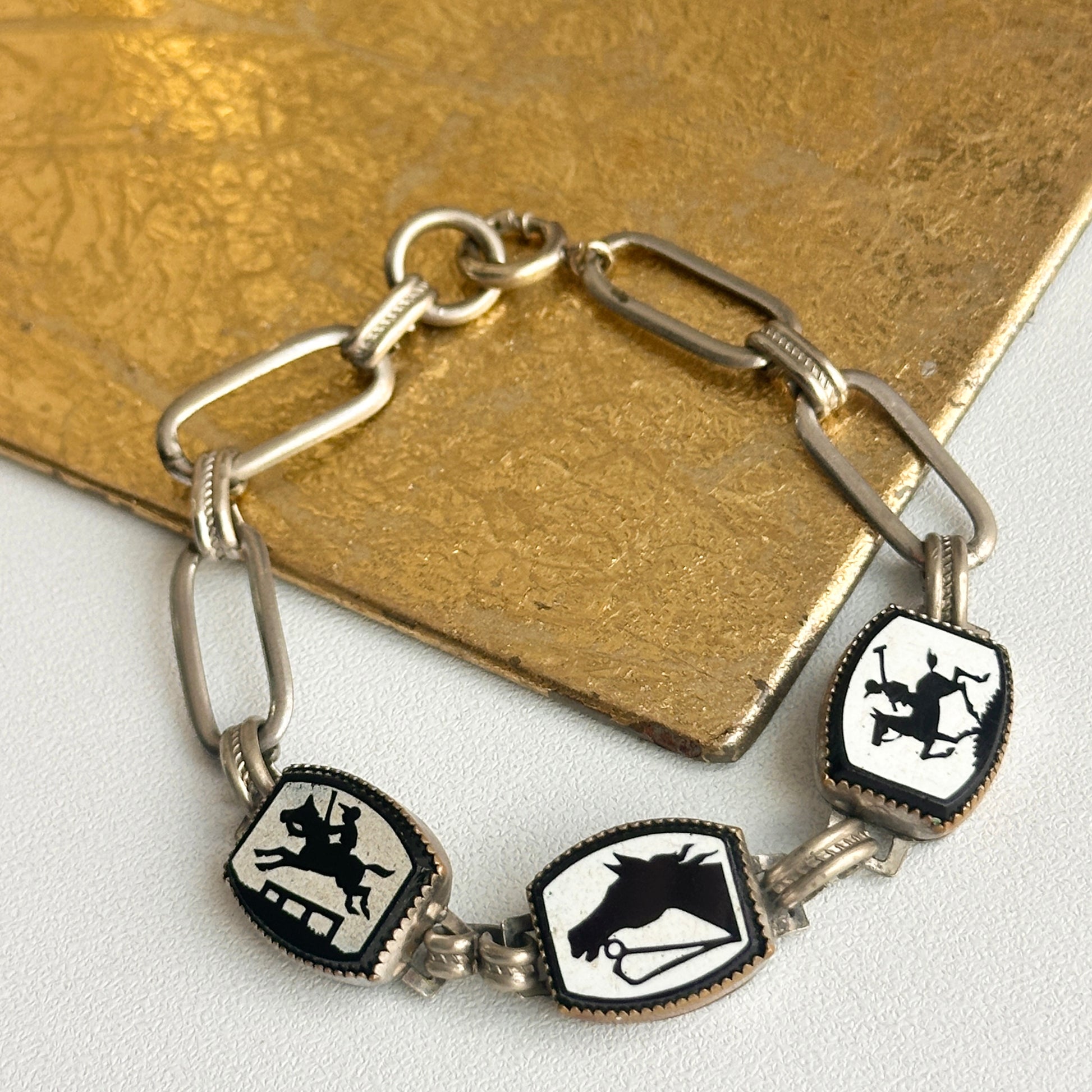 Estate Antique Silver Tone Painted Horse Enamel Black + White Bracelet 7” - LSJ